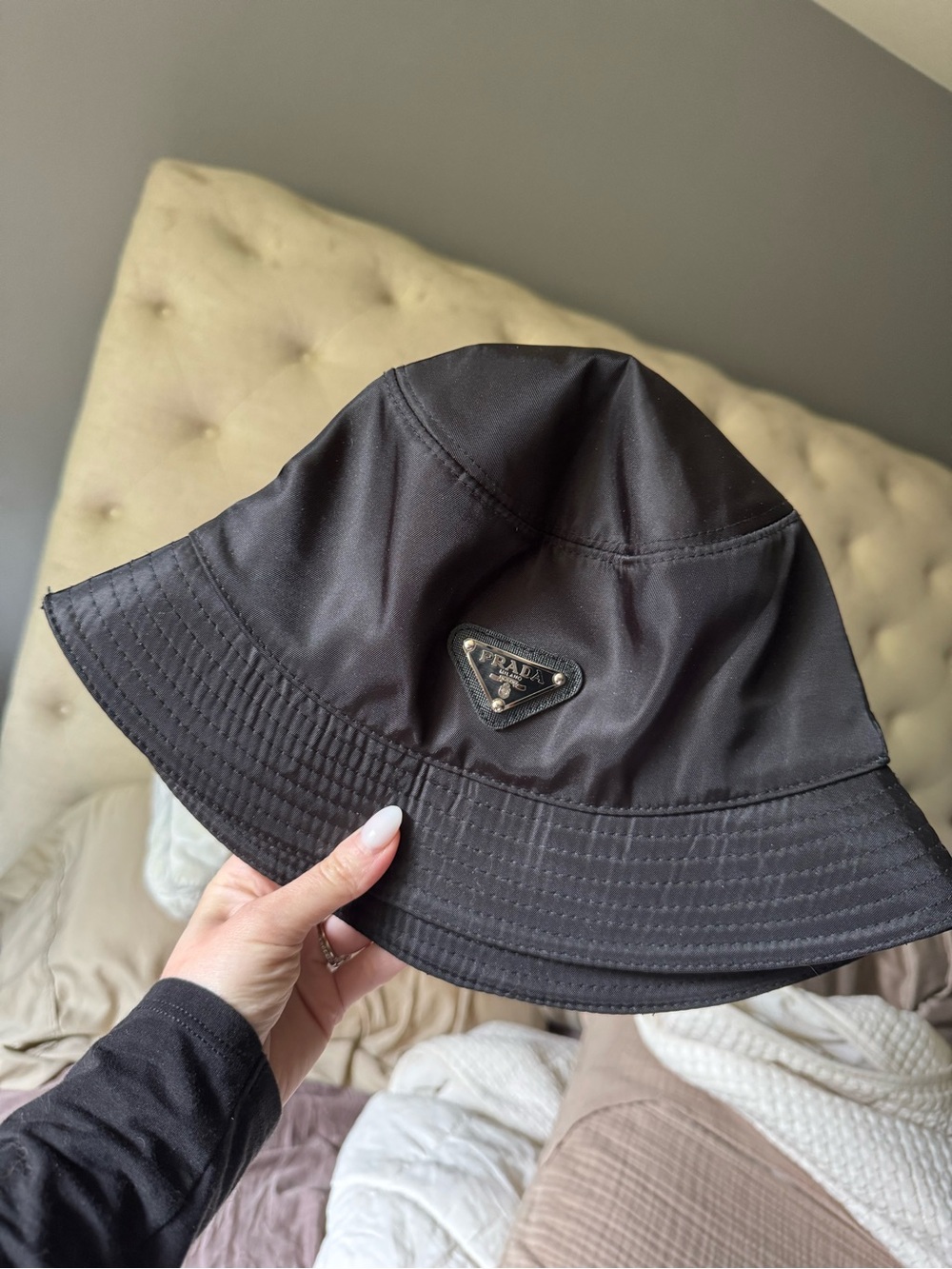 Prada Black Nylon Bucket Hat with Logo Plaque